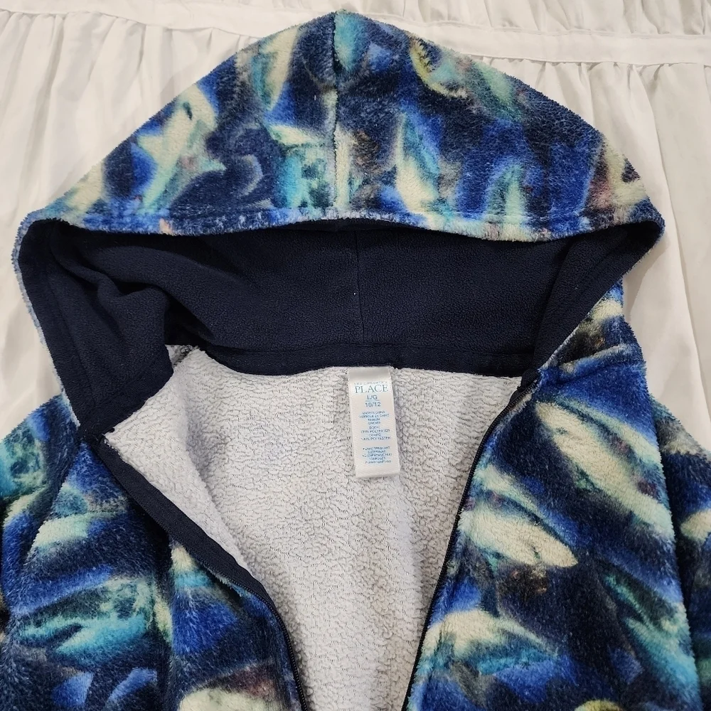 Children's Place Hooded full length zip up onesie shark pajama Size L 10/12